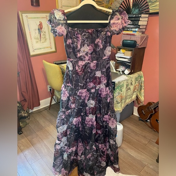 NWT Delightful Expression Black Floral Organza Tiered Maxi Dress Small $148 - Picture 5 of 11